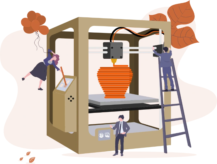 Image of People working on a giant cartoon 3D Printer.